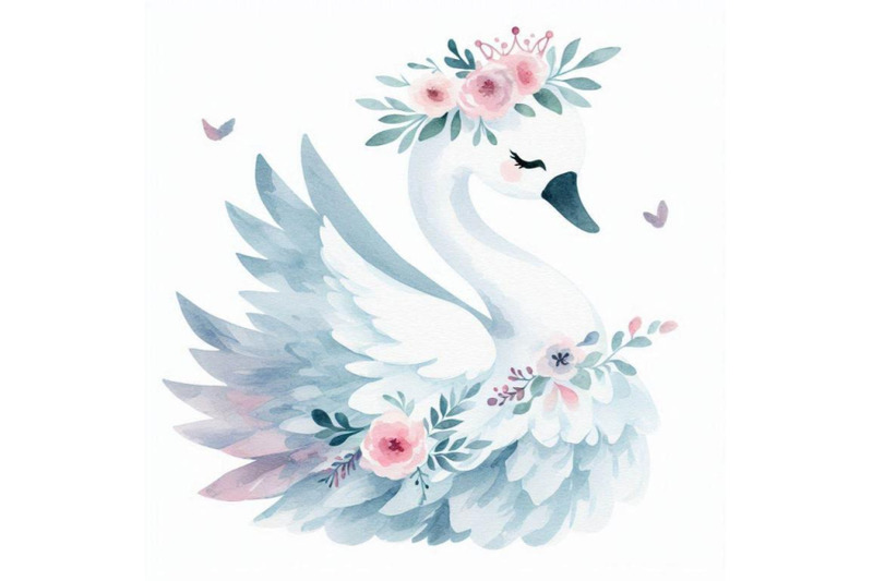 adorable-hand-drawn-little-princess-swan-with-a-floral-crown-and-a-gr