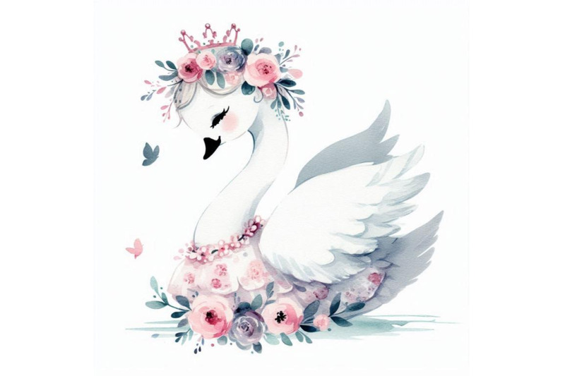 adorable-hand-drawn-little-princess-swan-with-a-floral-crown-and-a-gr