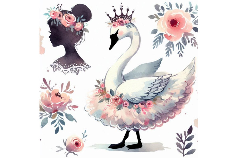 adorable-hand-drawn-little-princess-swan-with-a-floral-crown-and-a-gr