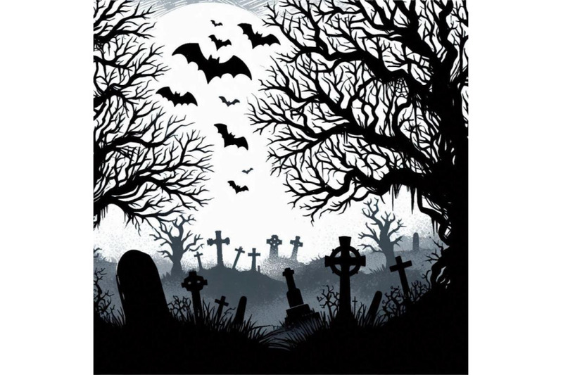 spooky-graveyard-scene-with-bare-trees-bats-and-fog