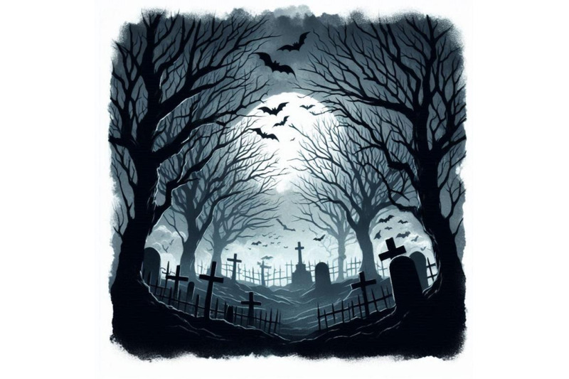 spooky-graveyard-scene-with-bare-trees-bats-and-fog