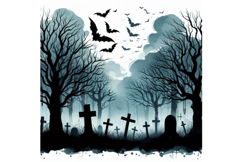 spooky-graveyard-scene-with-bare-trees-bats-and-fog