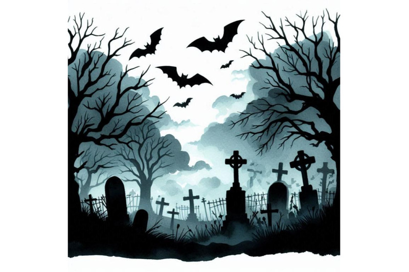 spooky-graveyard-scene-with-bare-trees-bats-and-fog