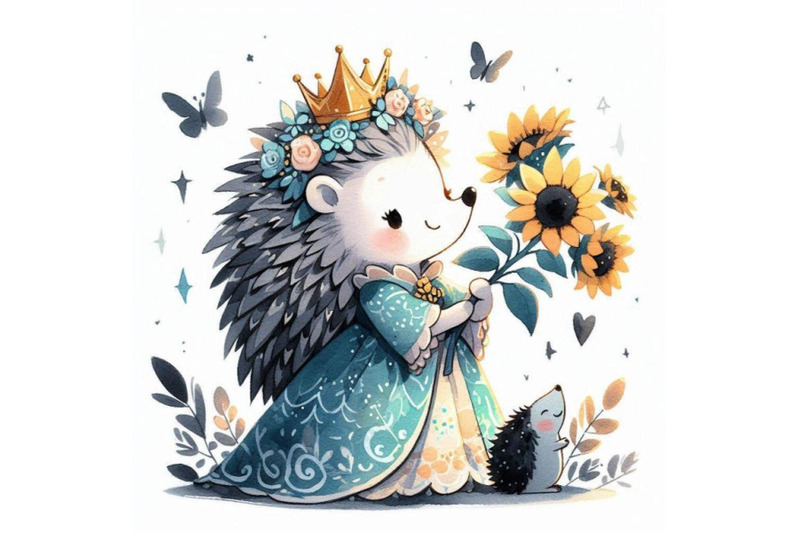 playful-hand-drawn-baby-hedgehog-princess-holding-a-tiny-bouquet-of-s