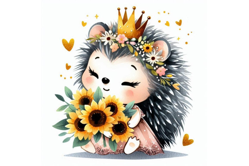 playful-hand-drawn-baby-hedgehog-princess-holding-a-tiny-bouquet-of-s