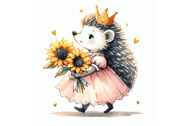 playful-hand-drawn-baby-hedgehog-princess-holding-a-tiny-bouquet-of-s