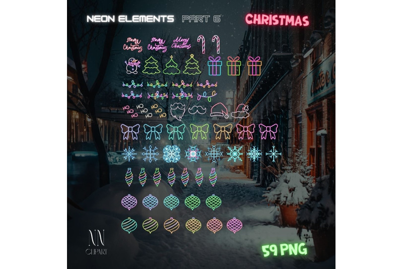 neon-christmas-clipart-bundle-snowman-santa-trees-toys-garlands