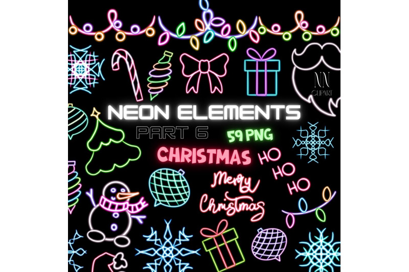 neon-christmas-clipart-bundle-snowman-santa-trees-toys-garlands