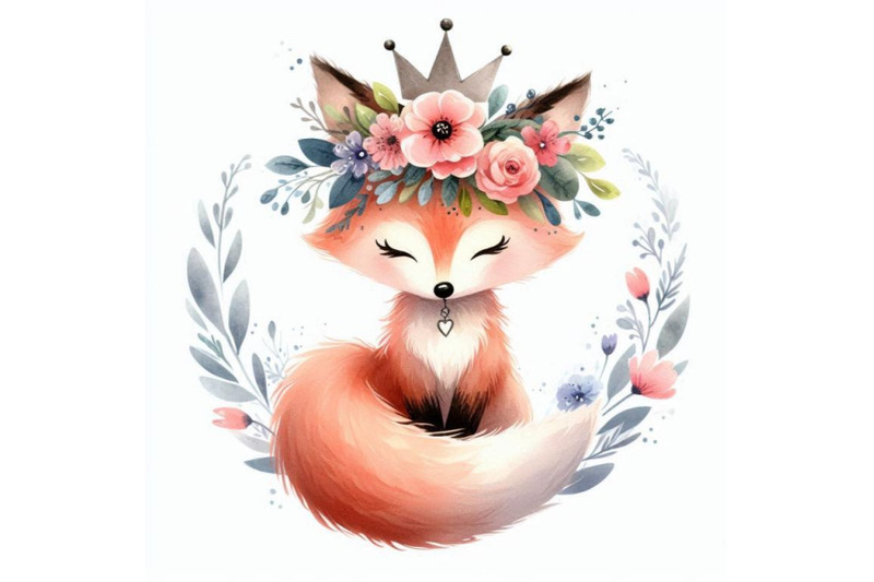 sweet-hand-drawn-little-princess-fox-with-a-wreath-of-flowers-around