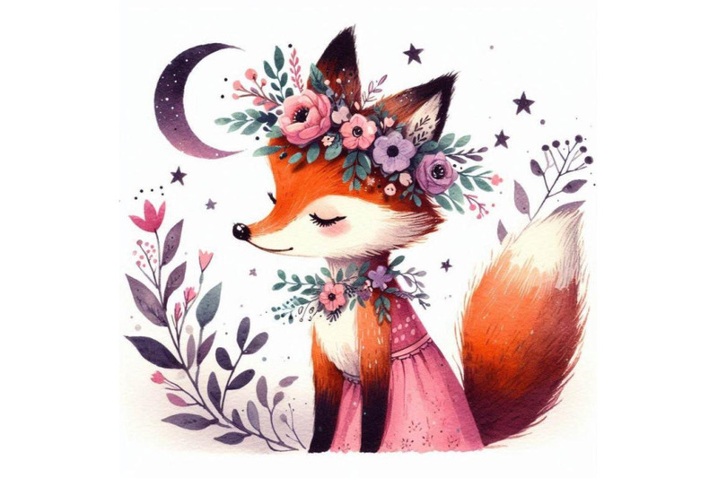 sweet-hand-drawn-little-princess-fox-with-a-wreath-of-flowers-around