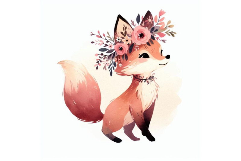 sweet-hand-drawn-little-princess-fox-with-a-wreath-of-flowers-around