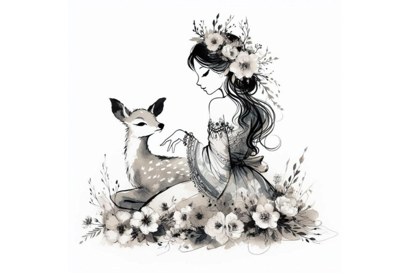 graceful-hand-drawn-baby-deer-princess-with-flowers-tucked-behind-her