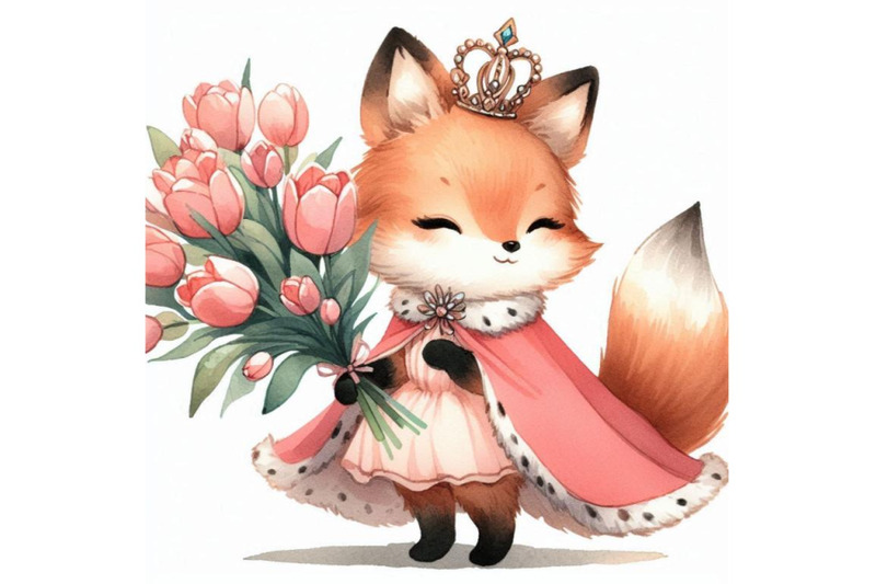 hand-drawn-cute-baby-princess-fox-with-a-bouquet-of-tulips-and-a-royal