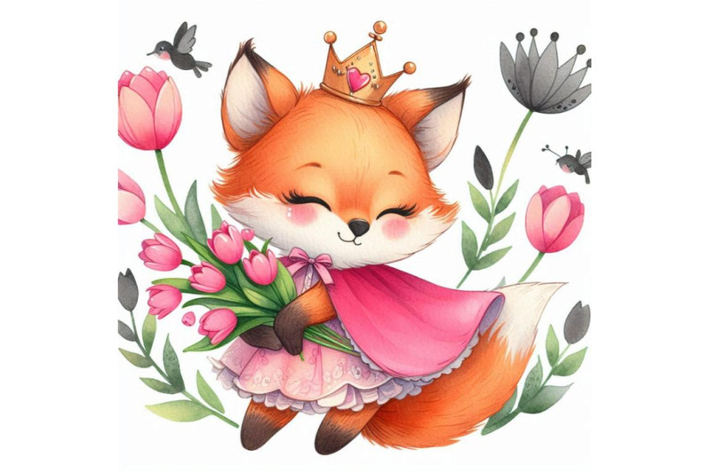 hand-drawn-cute-baby-princess-fox-with-a-bouquet-of-tulips-and-a-royal