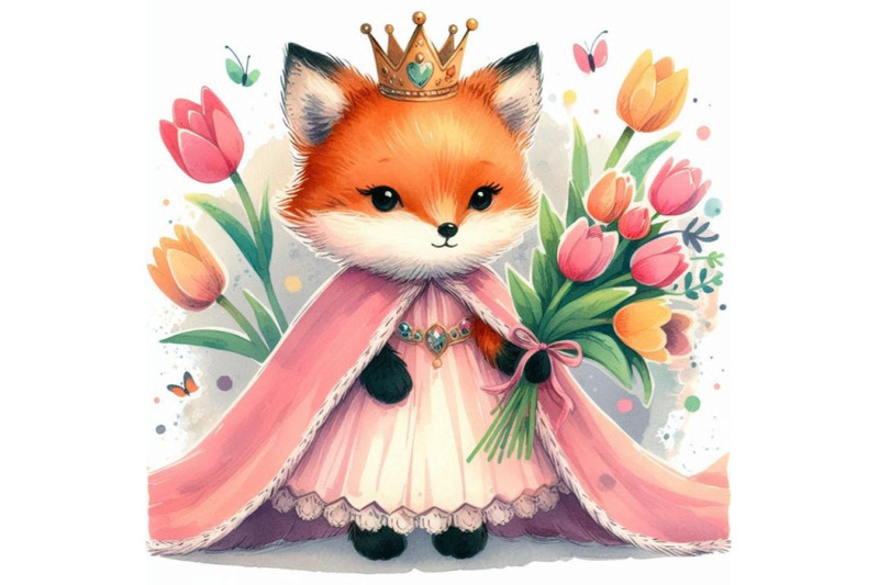 hand-drawn-cute-baby-princess-fox-with-a-bouquet-of-tulips-and-a-royal