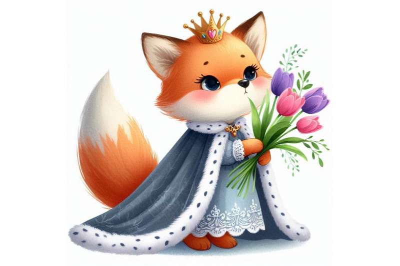 hand-drawn-cute-baby-princess-fox-with-a-bouquet-of-tulips-and-a-royal