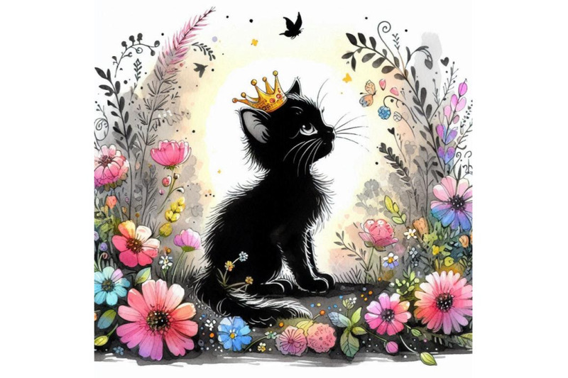 playful-hand-drawn-little-kitten-princess-sitting-in-a-field-of-flower