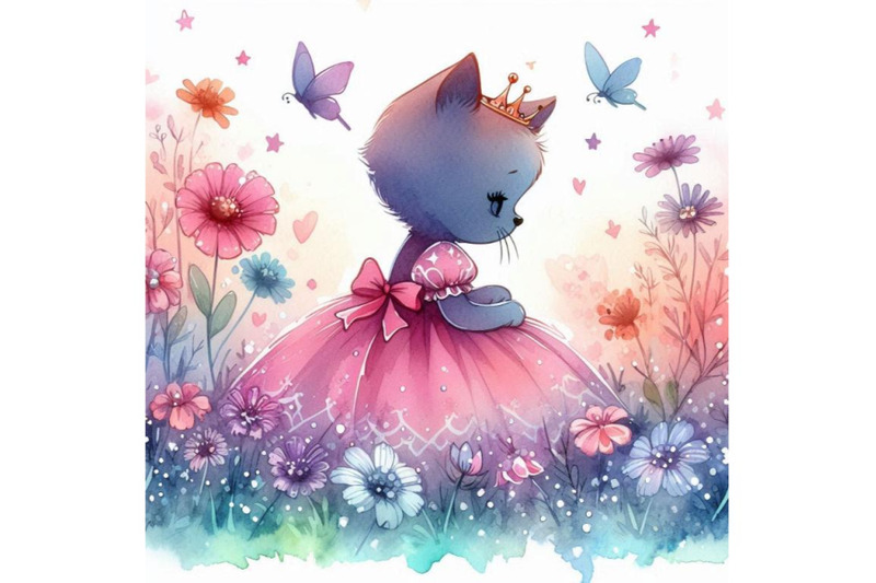 playful-hand-drawn-little-kitten-princess-sitting-in-a-field-of-flower