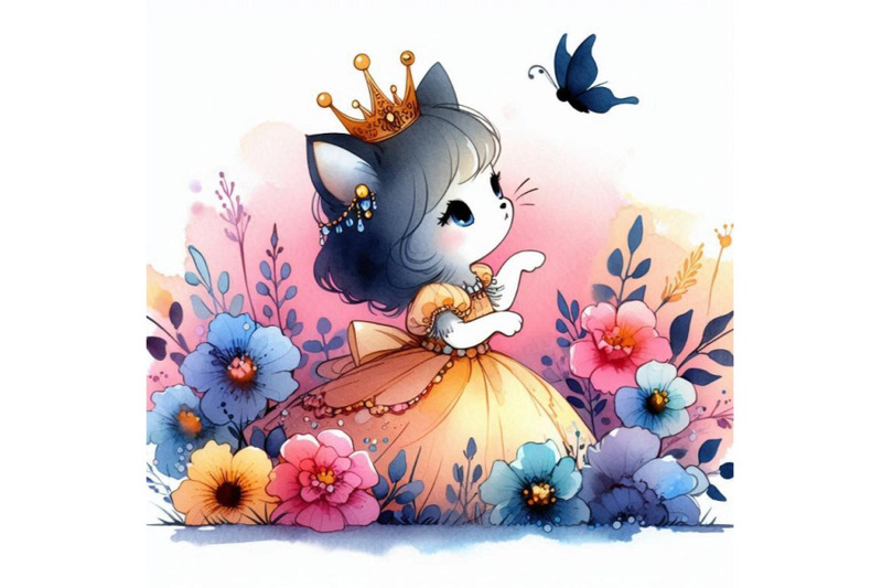 playful-hand-drawn-little-kitten-princess-sitting-in-a-field-of-flower