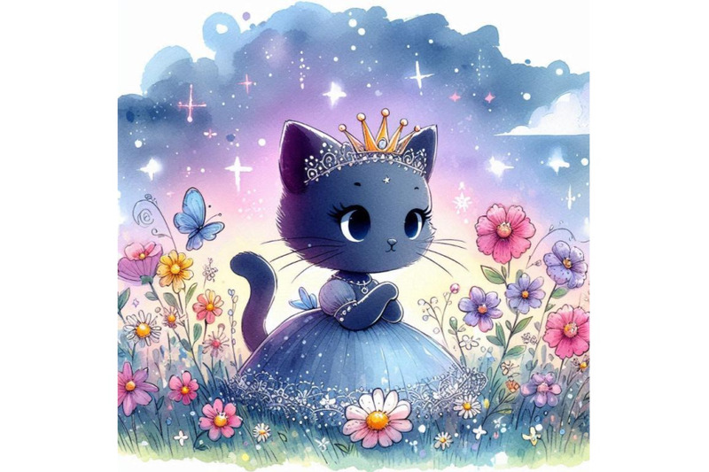 playful-hand-drawn-little-kitten-princess-sitting-in-a-field-of-flower