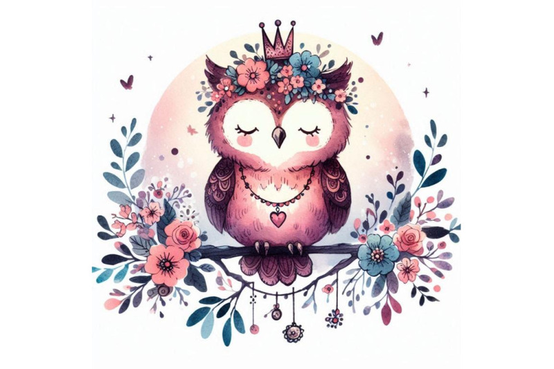 sweet-hand-drawn-little-princess-owl-perched-on-a-branch-with-a-floral