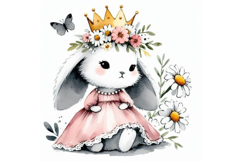 hand-drawn-adorable-baby-princess-rabbit-with-a-crown-of-daisies-and-a