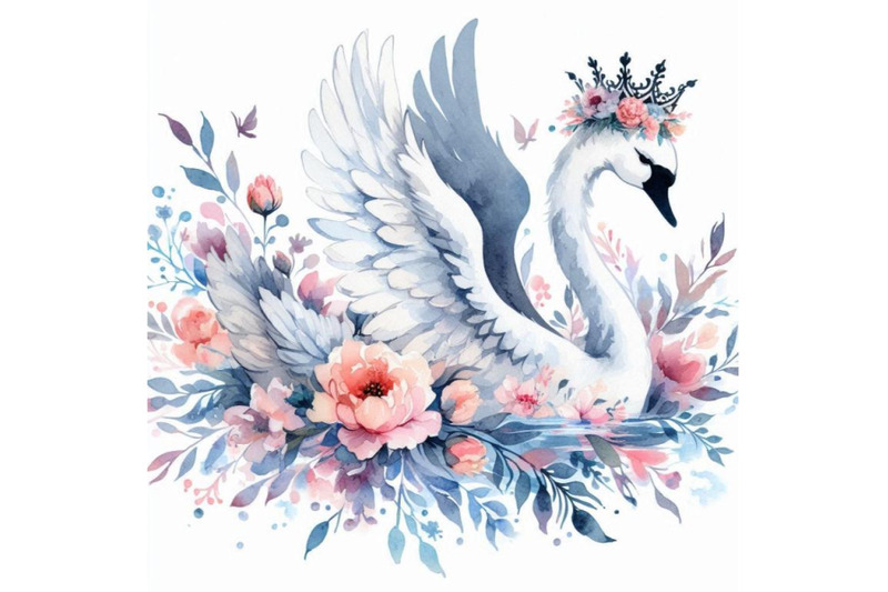 graceful-hand-drawn-baby-swan-princess-swimming-with-flowers-in-her-wi