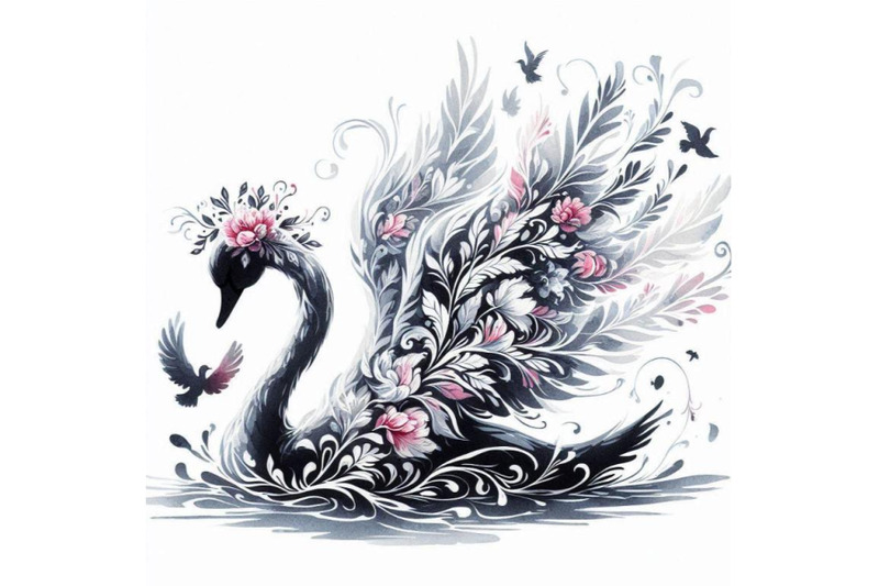 graceful-hand-drawn-baby-swan-princess-swimming-with-flowers-in-her-wi