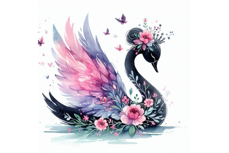 graceful-hand-drawn-baby-swan-princess-swimming-with-flowers-in-her-wi