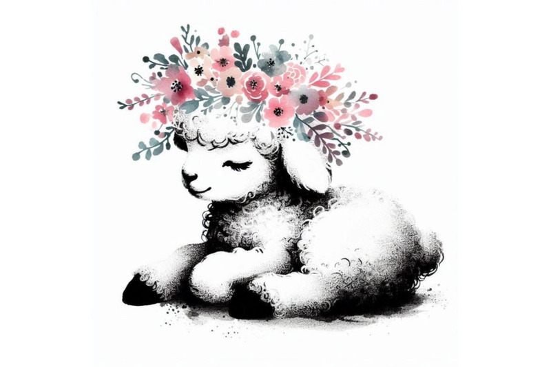 sweet-hand-drawn-little-princess-lamb-with-a-wreath-of-wildflowers-on