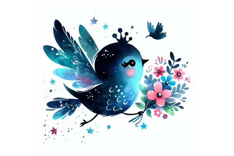 hand-drawn-playful-little-bird-princess-flying-with-a-bouquet-of-flowe