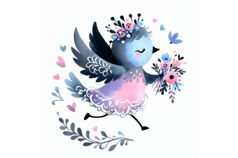 hand-drawn-playful-little-bird-princess-flying-with-a-bouquet-of-flowe