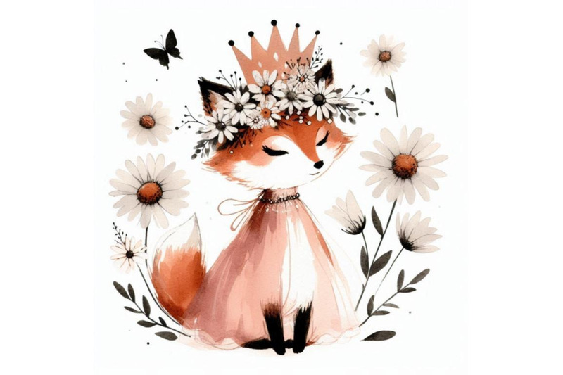 elegant-hand-drawn-baby-fox-princess-wearing-a-crown-of-daisies