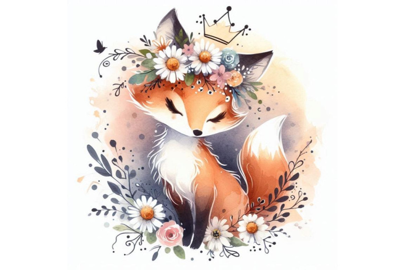 elegant-hand-drawn-baby-fox-princess-wearing-a-crown-of-daisies