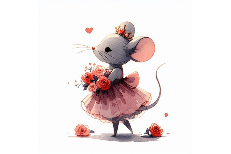 hand-drawn-cute-little-princess-mouse-holding-a-bouquet-of-roses