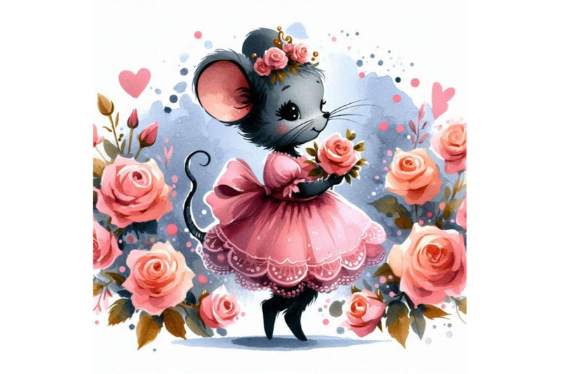 hand-drawn-cute-little-princess-mouse-holding-a-bouquet-of-roses