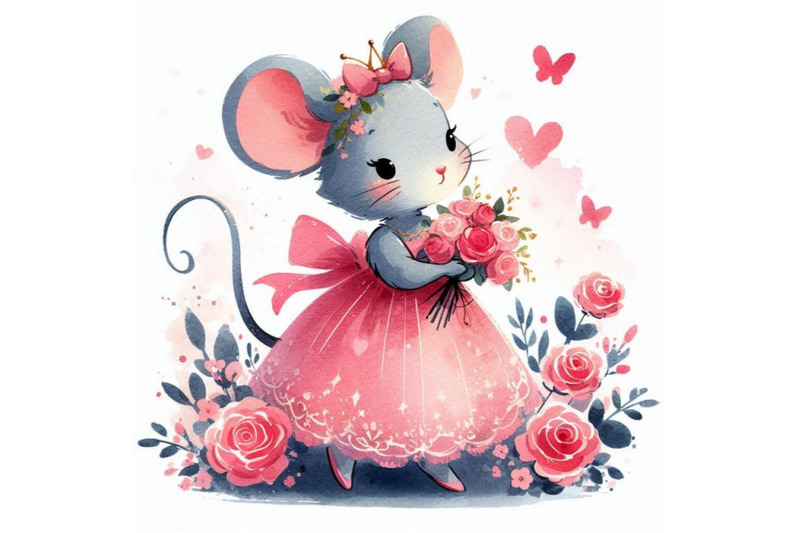 hand-drawn-cute-little-princess-mouse-holding-a-bouquet-of-roses