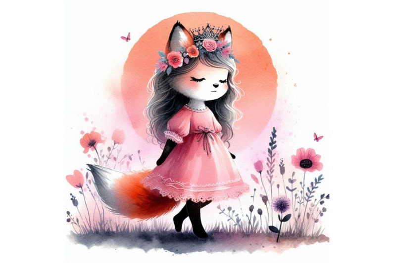 cute-hand-drawn-little-fox-princess-standing-in-a-field-of-wildflowers