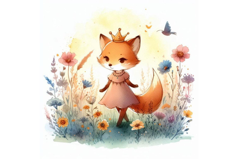 cute-hand-drawn-little-fox-princess-standing-in-a-field-of-wildflowers