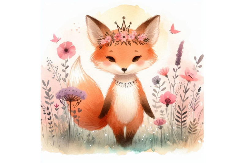 cute-hand-drawn-little-fox-princess-standing-in-a-field-of-wildflowers