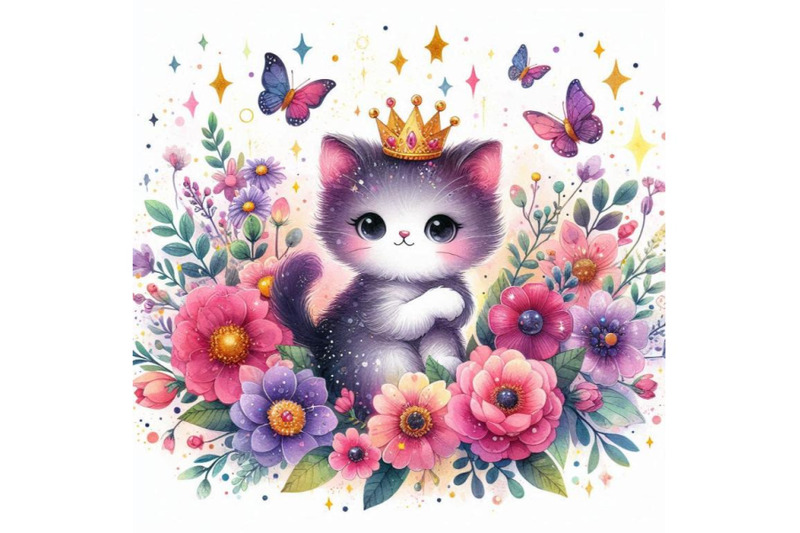 cute-hand-drawn-little-kitten-princess-surrounded-by-blooming-flowers