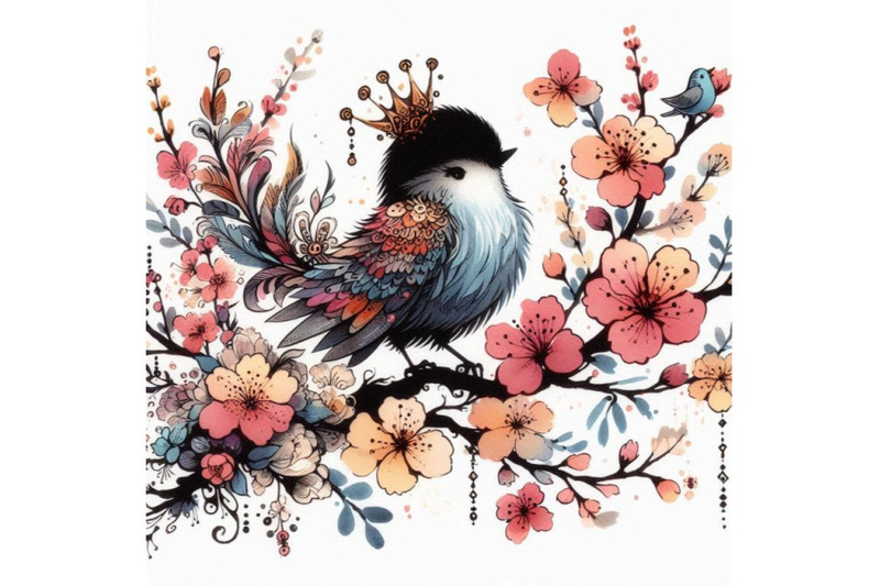 hand-drawn-cute-little-princess-bird-perched-on-a-branch-surrounded-by