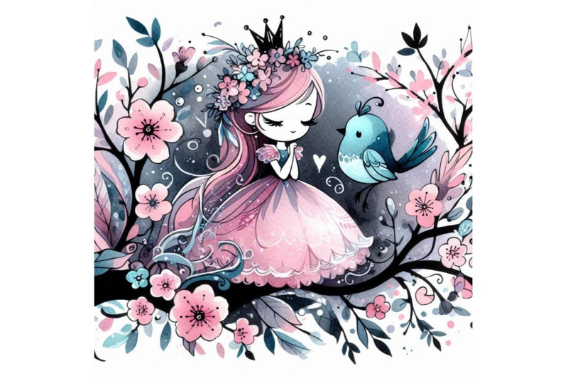 hand-drawn-cute-little-princess-bird-perched-on-a-branch-surrounded-by