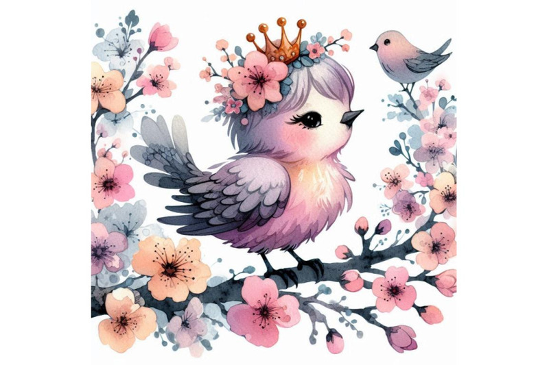 hand-drawn-cute-little-princess-bird-perched-on-a-branch-surrounded-by