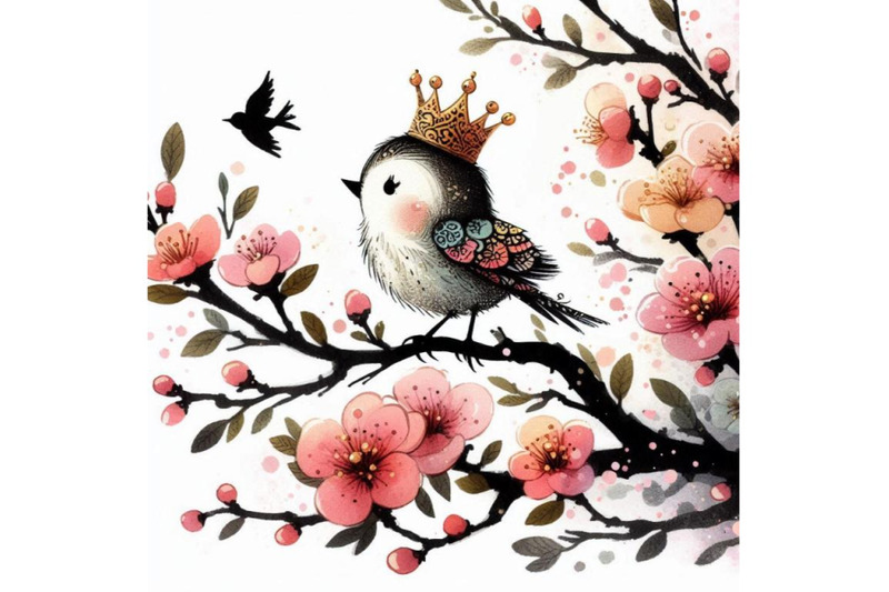 hand-drawn-cute-little-princess-bird-perched-on-a-branch-surrounded-by