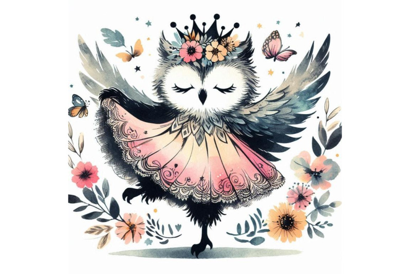 graceful-hand-drawn-baby-owl-princess-with-a-crown-of-flowers-and-a-ti