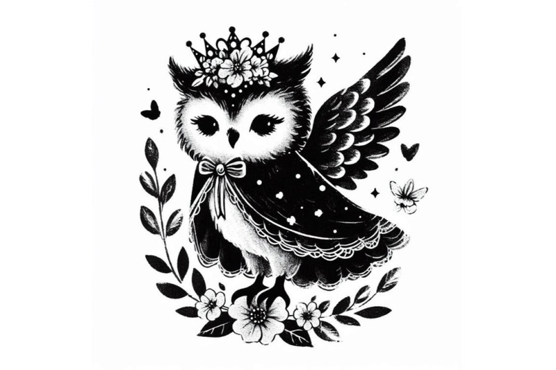 graceful-hand-drawn-baby-owl-princess-with-a-crown-of-flowers-and-a-ti