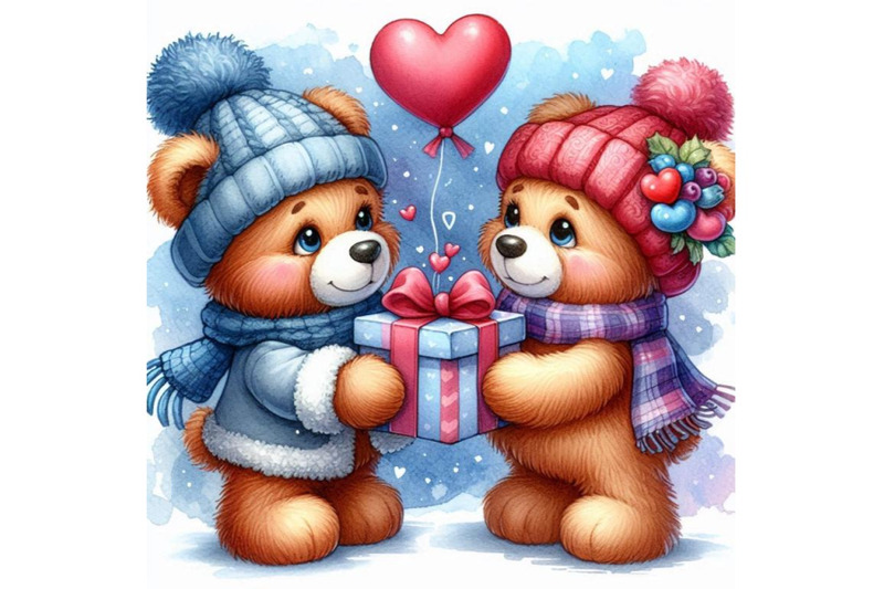 two-cute-teddy-bears-exchanging-heart-shaped-gifts