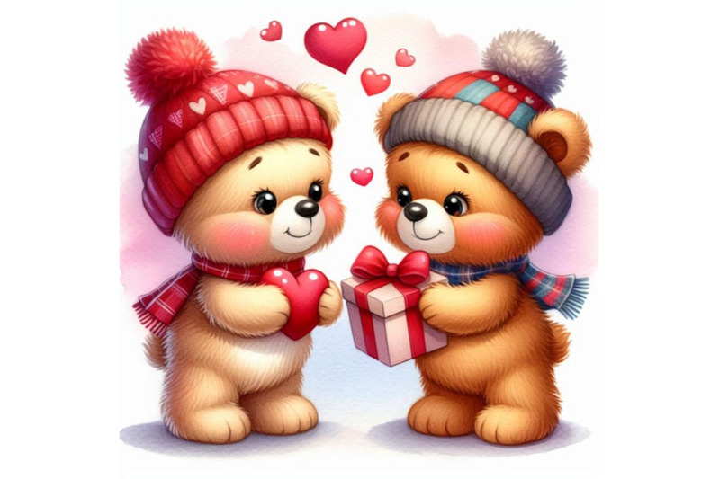 two-cute-teddy-bears-exchanging-heart-shaped-gifts