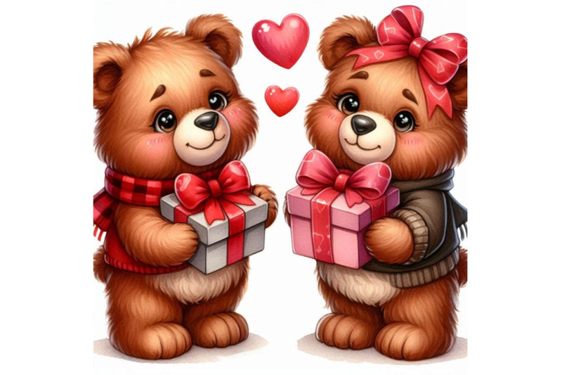 two-cute-teddy-bears-exchanging-heart-shaped-gifts